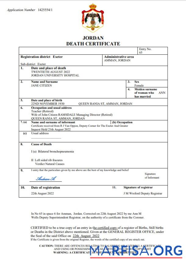 Realistic Jordan vital record death certificate Word and PDF template